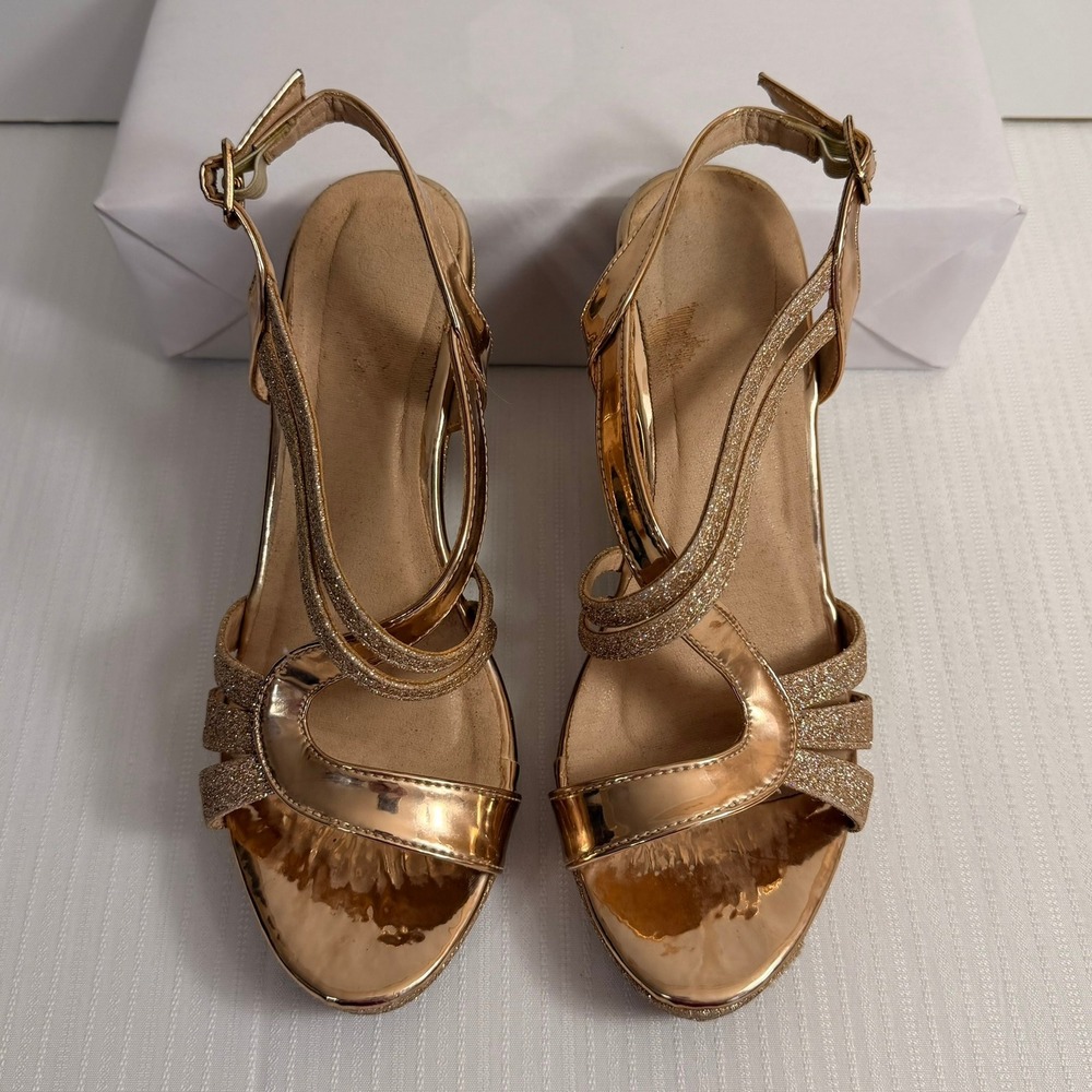 Rose Gold Glitter Metallic Wedge Sandals Sz 7.5 Strappy Platform Heels Prom Glam - Picture 2 of 7